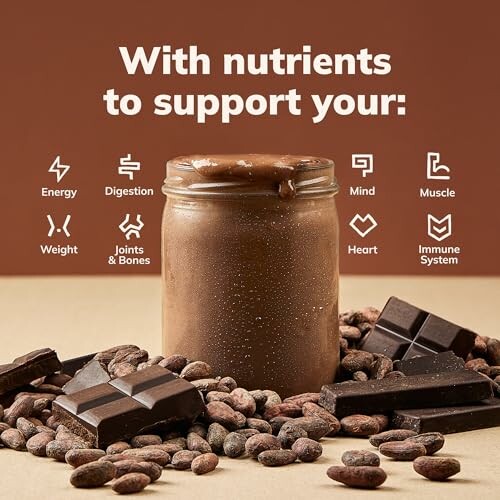 Chocolate jar surrounded by cocoa beans and dark chocolate bars with nutrient benefits text.