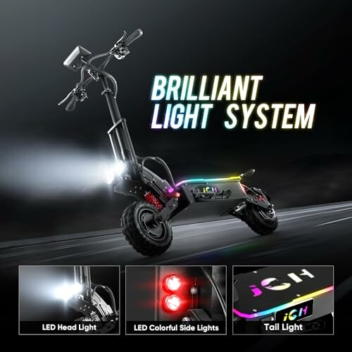 Electric scooter with LED headlight, colorful side lights, and tail light.