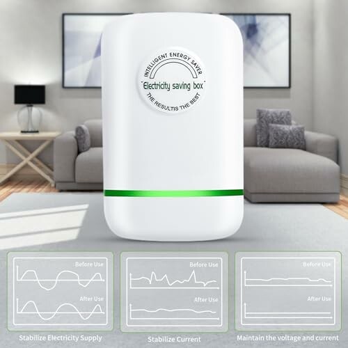 Electricity saving box in a living room setting with graphs showing energy stabilization effects.