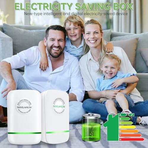 Family sitting with electricity saving box and energy efficiency graphic.