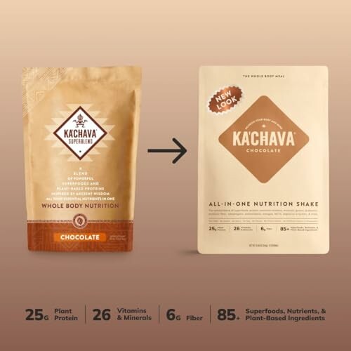 Kachava chocolate nutrition shake packaging comparison with nutritional benefits highlighted.