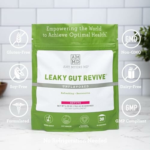 Leaky Gut Revive supplement package with health benefits listed.