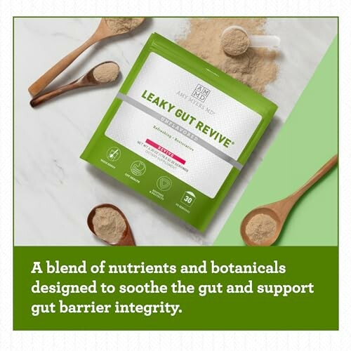 Leaky Gut Revive supplement with wooden spoons of powder.