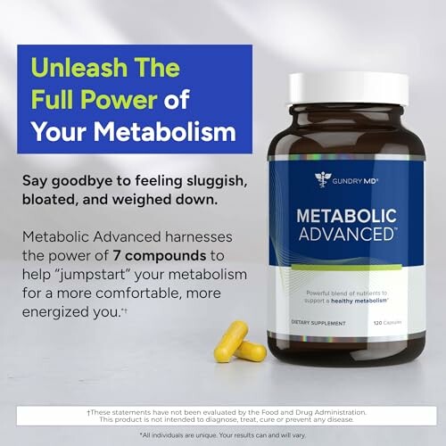 Metabolic Advanced supplement bottle with yellow capsules and text about metabolism benefits.