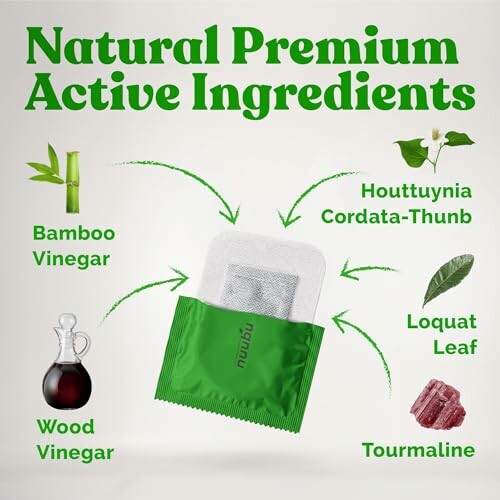 Diagram showing natural premium active ingredients: Bamboo Vinegar, Wood Vinegar, Houttuynia Cordata-Thunb, Loquat Leaf, Tourmaline.