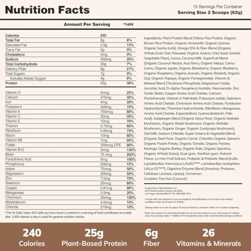 Nutrition facts label for plant-based protein powder.