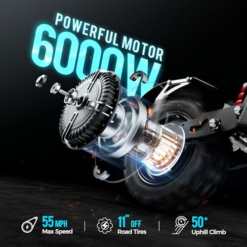 Graphic of a 6000W motor with specs: 55 mph max speed, 11-inch off-road tires, 50-degree uphill climb.