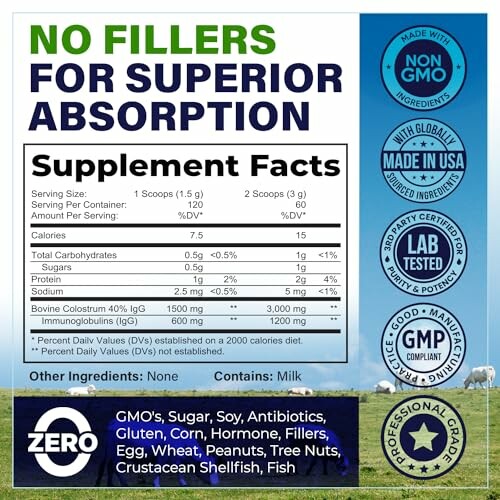 Supplement facts label highlighting no fillers and various certifications.