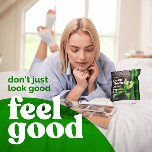 Woman relaxing on bed with a magazine and a face mask product nearby.