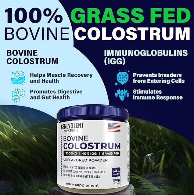 Bovine Colostrum Powder Supplement (3000mg + 40% IgG + No Fillers) Supports Gut & Digestive Health